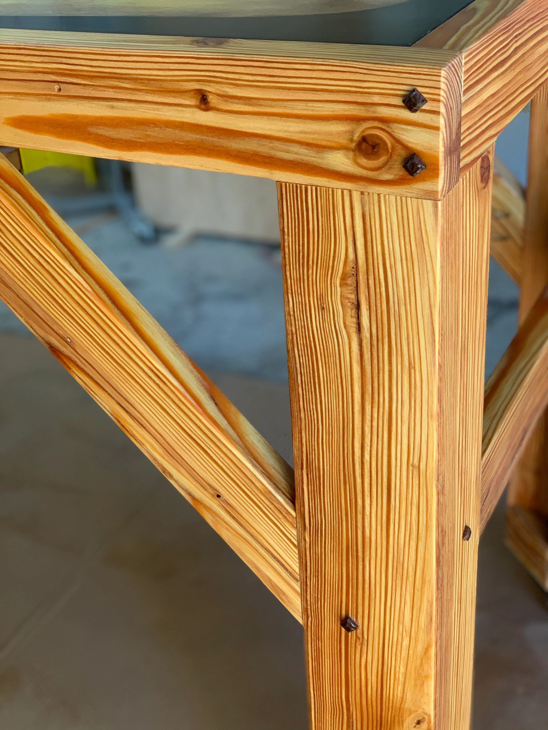 Timber base, pinned joints. Douglas fir base with pegged joinery.