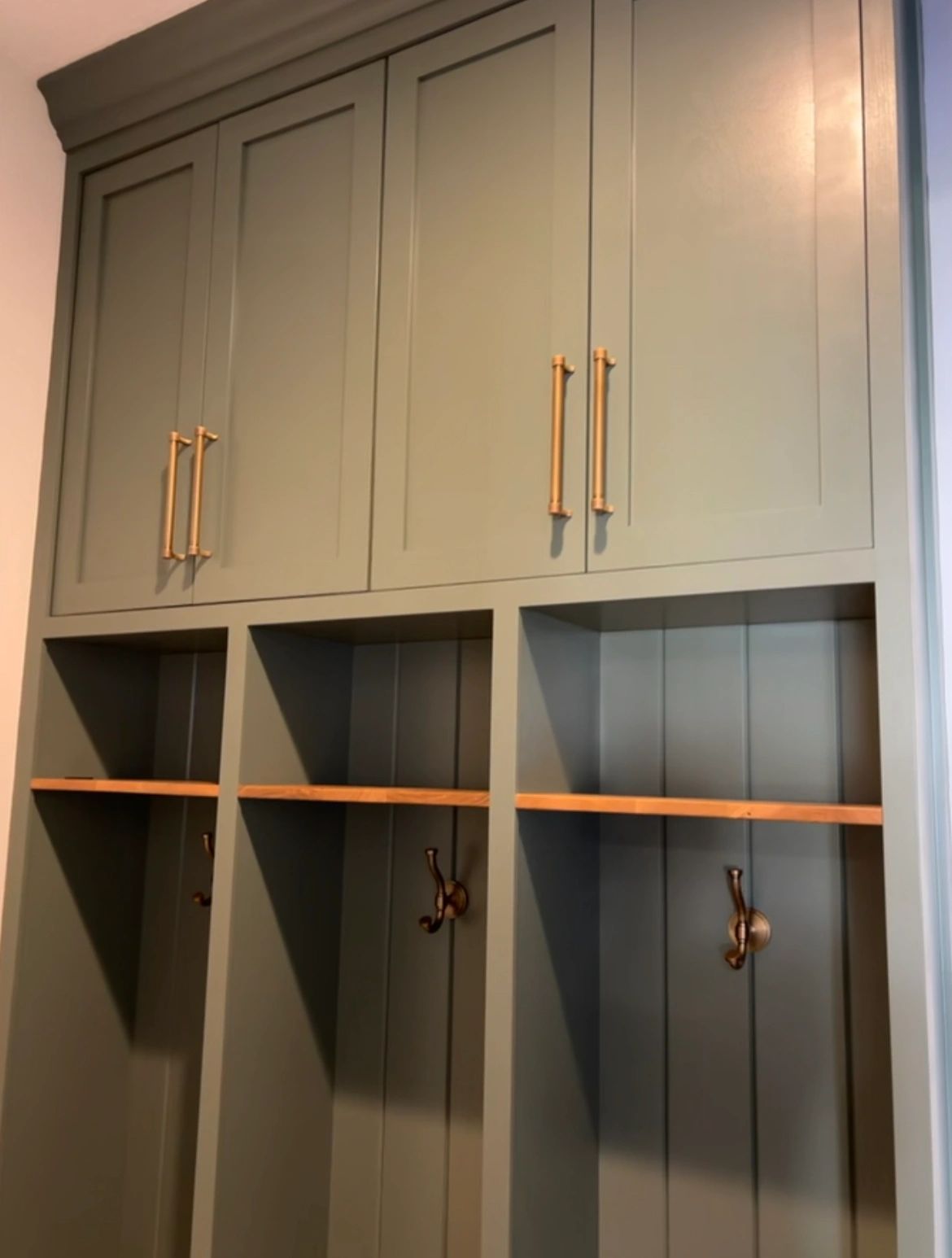 Locker detail. Wood shelf and hooks in each bay.