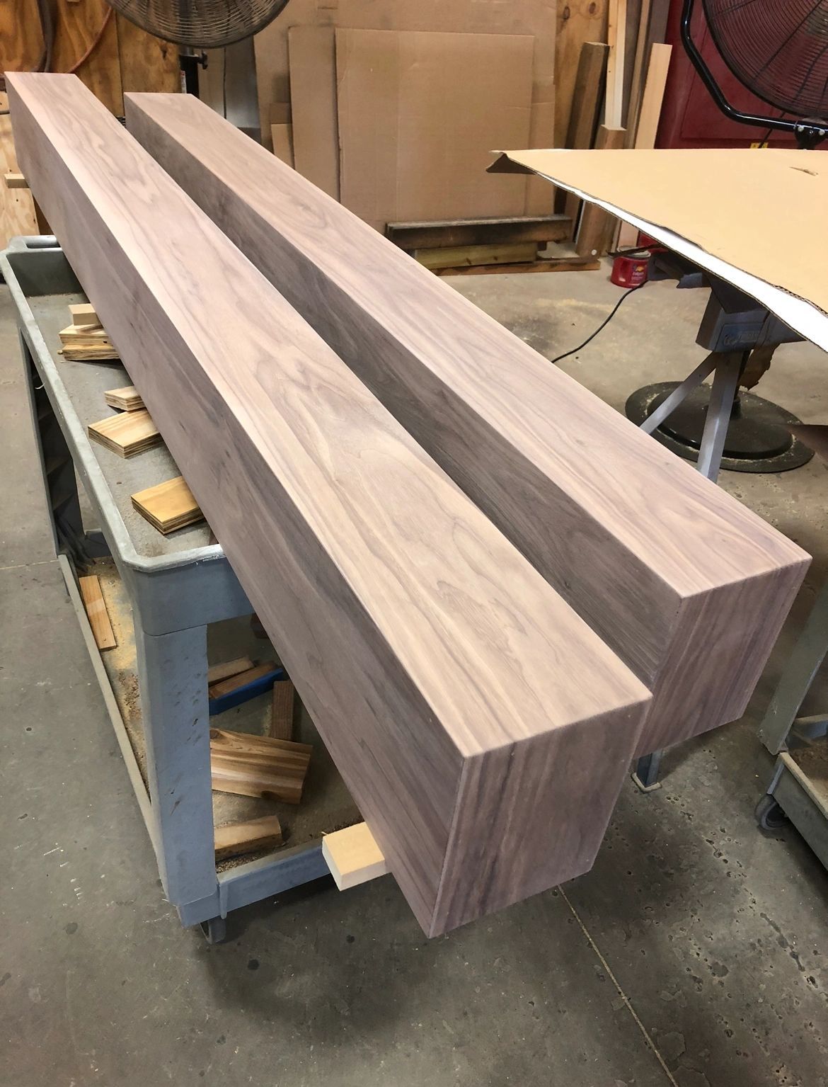 Floating Slab Mantel: walnut box beams