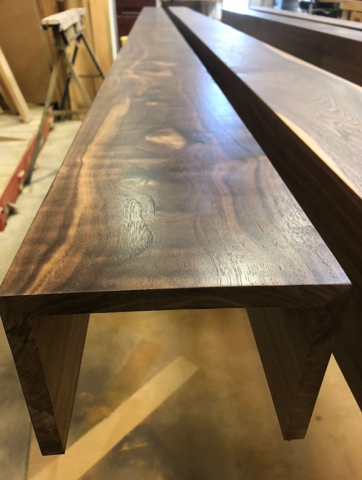 Walnut waterfall pair. Two walnut waterfall pieces mid-build.